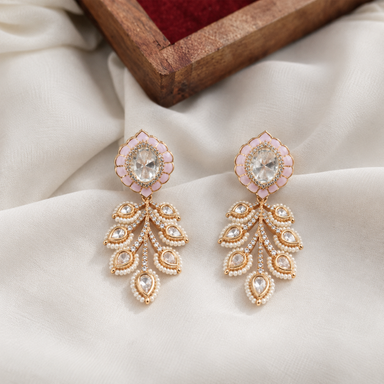 Gauri Pastel Pink Lotus Motif Polki Drop Earrings with Pearl Foliage Detail