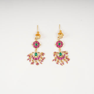 Hansika Crescent Ruby & Emerald Drop Earrings with Berry Bead Accents
