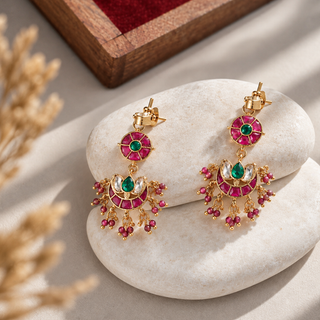 Hansika Crescent Ruby & Emerald Drop Earrings with Berry Bead Accents