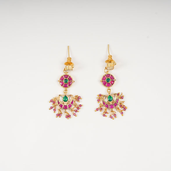 Hansika Crescent Ruby & Emerald Drop Earrings with Berry Bead Accents