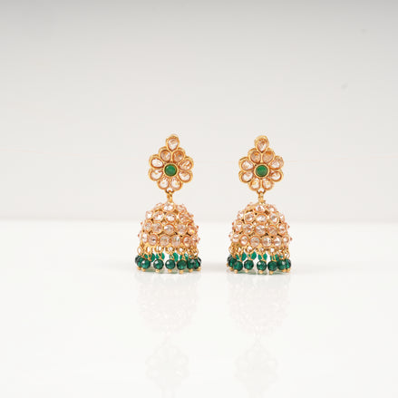 Ira Floral Kundan Dome Jhumka Earrings with Emerald Green Bead Drops