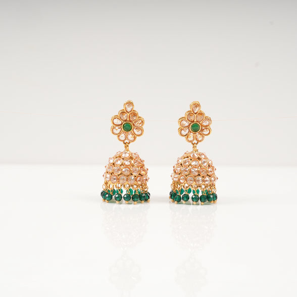 Ira Floral Kundan Dome Jhumka Earrings with Emerald Green Bead Drops