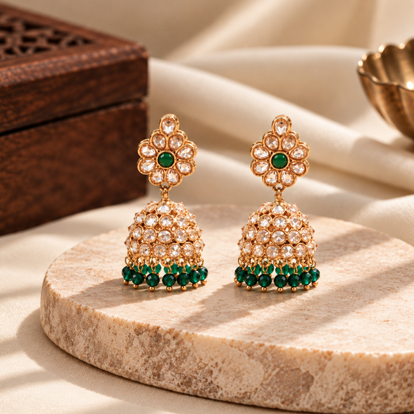 Ira Floral Kundan Dome Jhumka Earrings with Emerald Green Bead Drops
