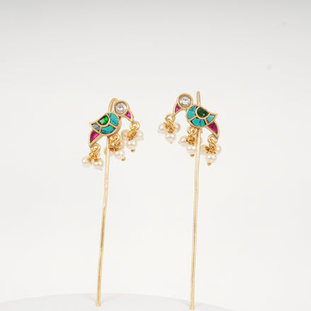 Jiya Bird Motif Meenakari Stick Drop Earrings with Pearl Accents