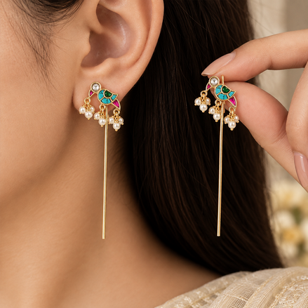 Jiya Bird Motif Meenakari Stick Drop Earrings with Pearl Accents