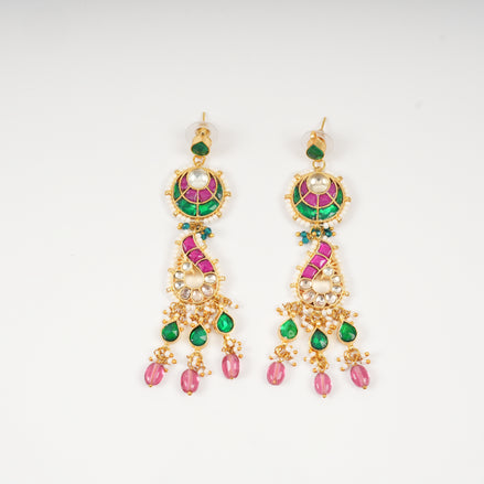 Kavya Paisley Ruby & Emerald Multi-Tier Drop Earrings with Bead Fringe