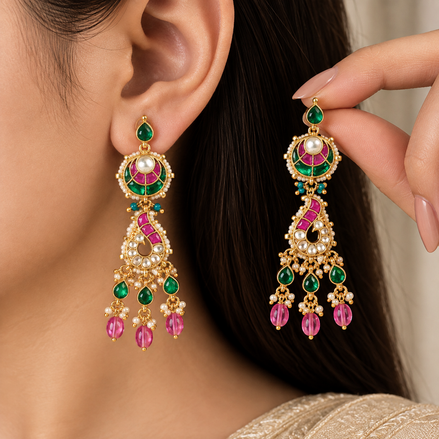Kavya Paisley Ruby & Emerald Multi-Tier Drop Earrings with Bead Fringe