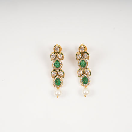 Lavanya Carved Emerald & Polki Linear Drop Earrings with Pearl Finial