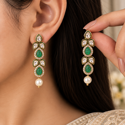 Lavanya Carved Emerald & Polki Linear Drop Earrings with Pearl Finial