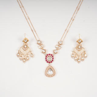 Meera Teardrop Polki & Ruby Halo Pendant Necklace Set with Pearl Drop Earrings