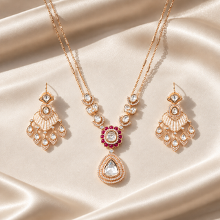 Meera Teardrop Polki & Ruby Halo Pendant Necklace Set with Pearl Drop Earrings