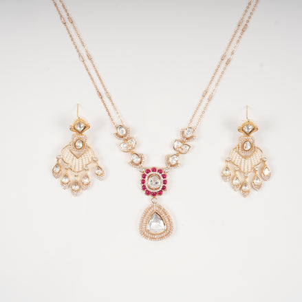 Meera Teardrop Polki & Ruby Halo Pendant Necklace Set with Pearl Drop Earrings