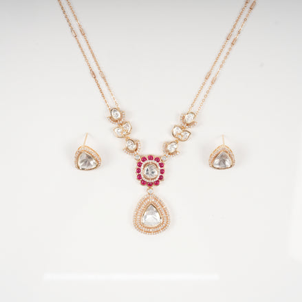 Navya Teardrop Polki & Ruby Halo Pendant Necklace Set with Matching Studs
