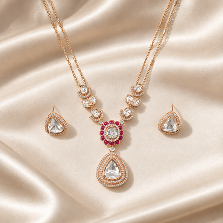 Navya Teardrop Polki & Ruby Halo Pendant Necklace Set with Matching Studs