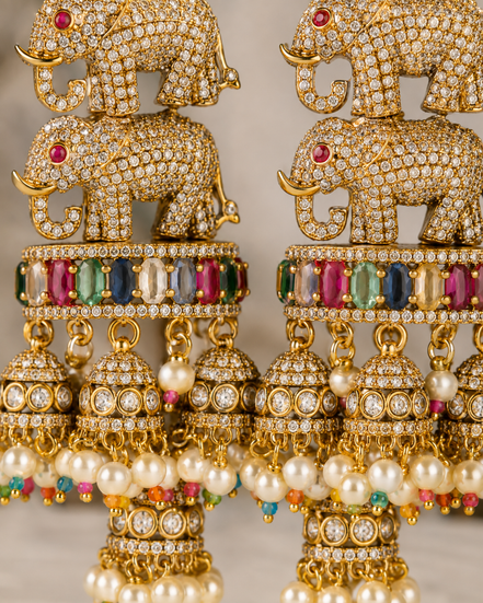 Royal Elephant Traditional Jhumka Earrings with Multicolour Stones & White Bead Drops