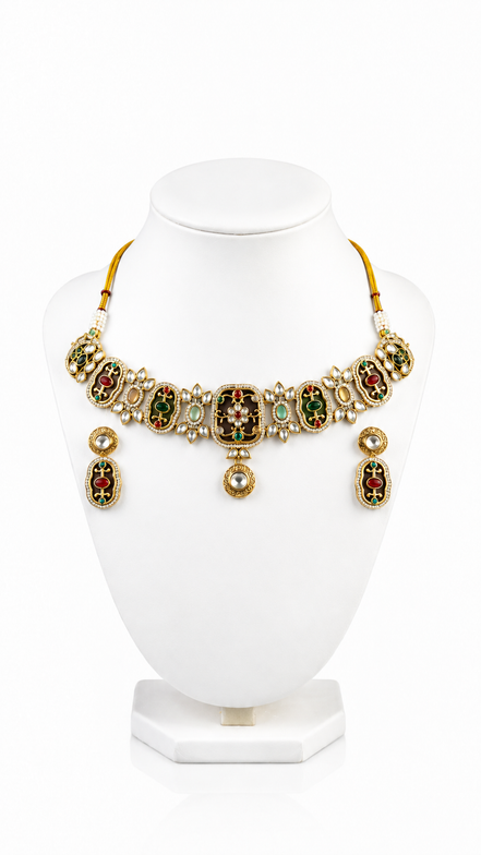Traditional Meenakari-Inspired Stone-Studded Choker Necklace Set with Matching Earrings