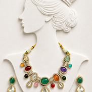 Multicolour Traditional Stone-Studded Necklace Set with Green Centre Stone & Matching Earrings