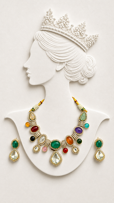 Multicolour Traditional Stone-Studded Necklace Set with Green Centre Stone & Matching Earrings
