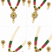 Royal Traditional White Bead Necklace Set with Green & Magenta Beads and Matching Earrings