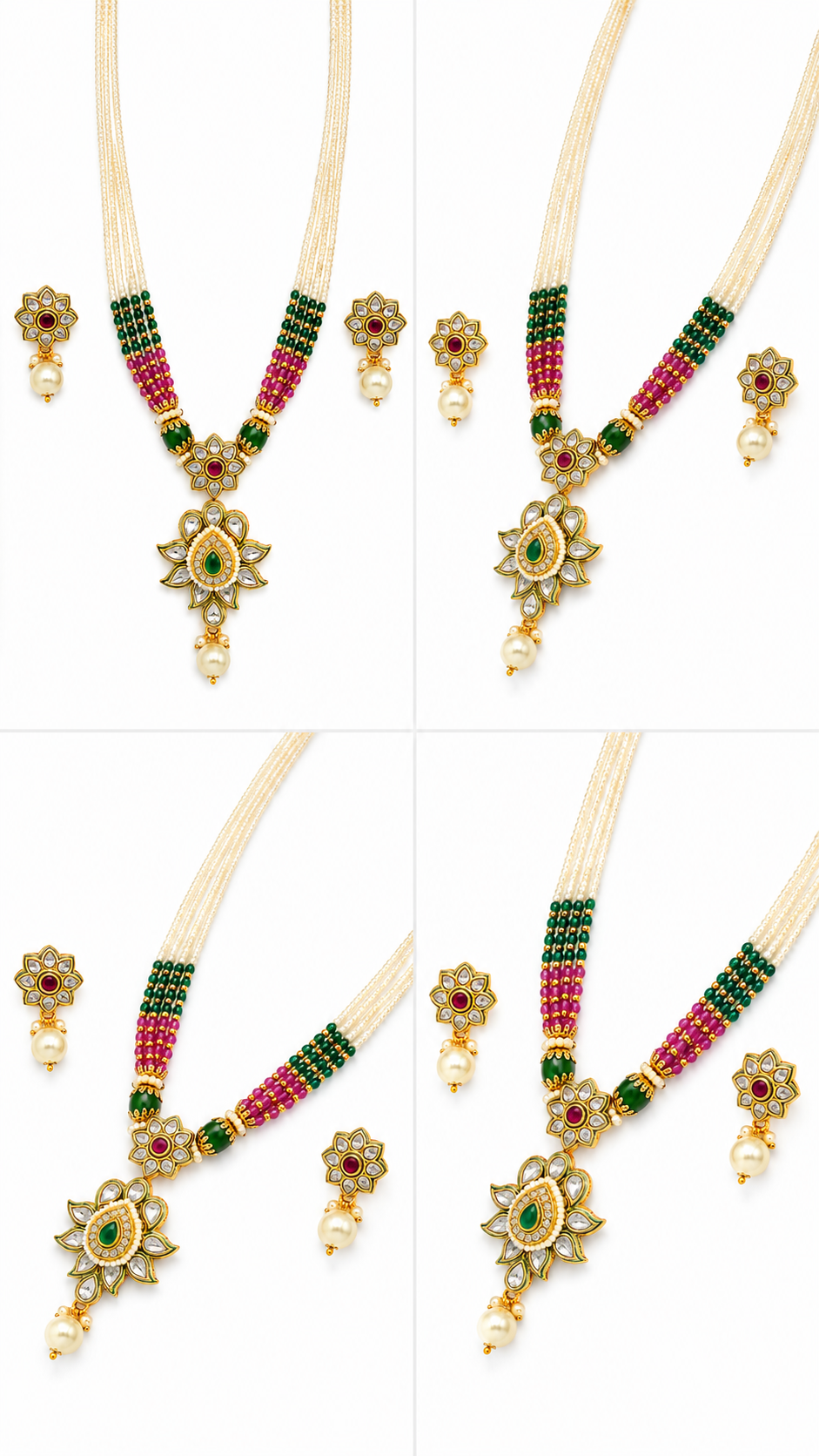 Royal Traditional White Bead Necklace Set with Green & Magenta Beads and Matching Earrings
