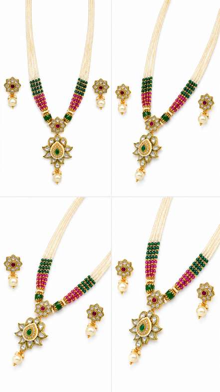Royal Traditional White Bead Necklace Set with Green & Magenta Beads and Matching Earrings