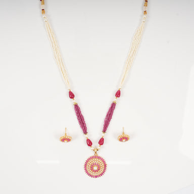 Pari Circular Ruby Floral Medallion Mala Necklace Set with Pearl Strands