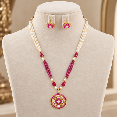Pari Circular Ruby Floral Medallion Mala Necklace Set with Pearl Strands