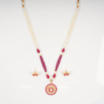 Pari Circular Ruby Floral Medallion Mala Necklace Set with Pearl Strands