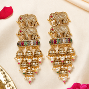 Royal Elephant Traditional Jhumka Earrings with Multicolour Stones & White Bead Drops