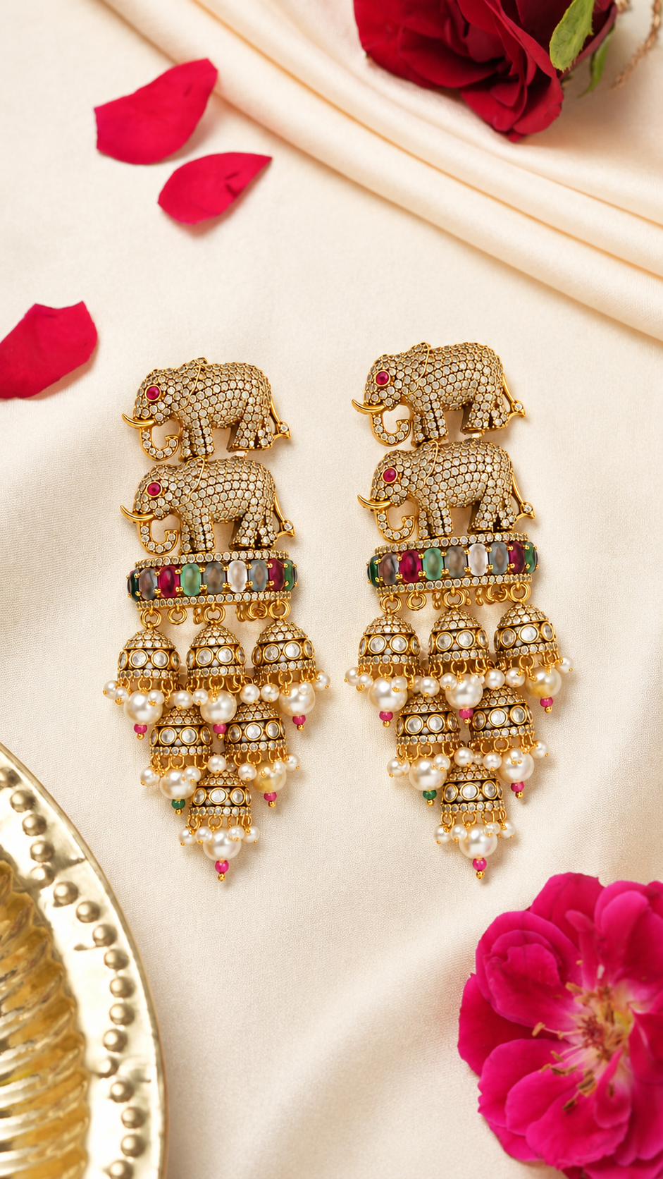 Royal Elephant Traditional Jhumka Earrings with Multicolour Stones & White Bead Drops