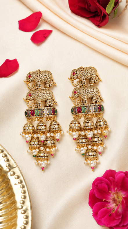 Royal Elephant Traditional Jhumka Earrings with Multicolour Stones & White Bead Drops