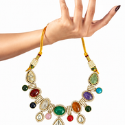 Multicolour Traditional Stone-Studded Necklace Set with Green Centre Stone & Matching Earrings