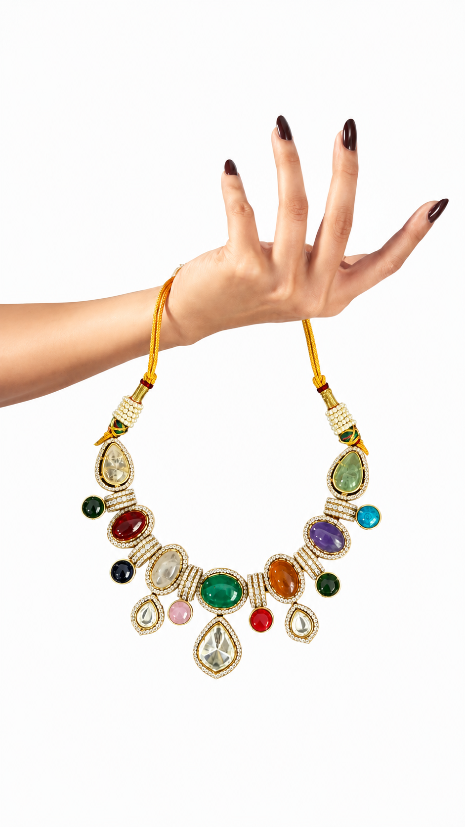 Multicolour Traditional Stone-Studded Necklace Set with Green Centre Stone & Matching Earrings