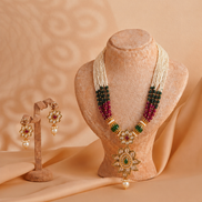 Royal Traditional White Bead Necklace Set with Green & Magenta Beads and Matching Earrings