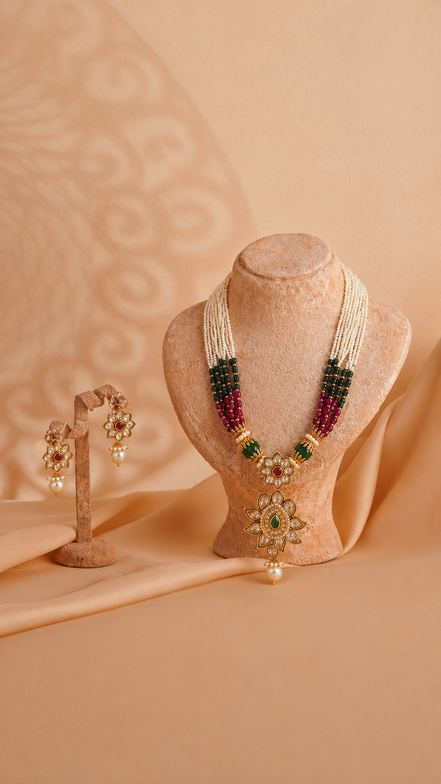 Royal Traditional White Bead Necklace Set with Green & Magenta Beads and Matching Earrings