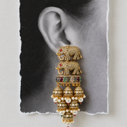 Royal Elephant Traditional Jhumka Earrings with Multicolour Stones & White Bead Drops