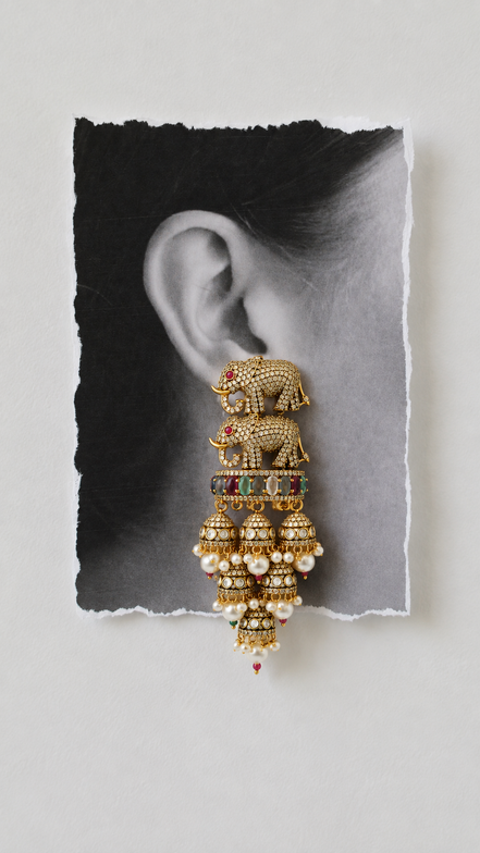 Royal Elephant Traditional Jhumka Earrings with Multicolour Stones & White Bead Drops