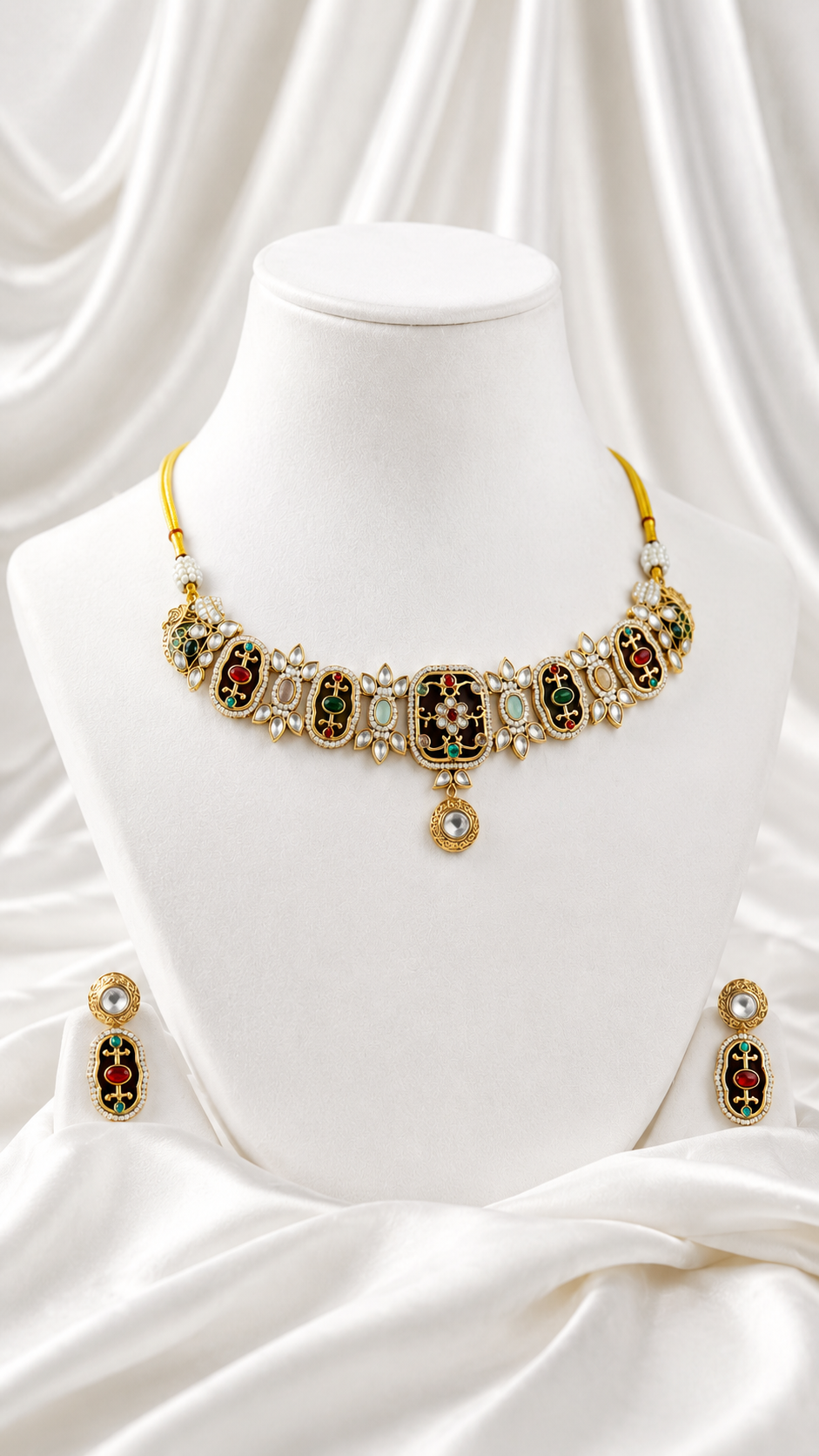 Traditional Meenakari-Inspired Stone-Studded Choker Necklace Set with Matching Earrings