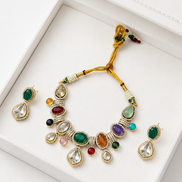 Multicolour Traditional Stone-Studded Necklace Set with Green Centre Stone & Matching Earrings