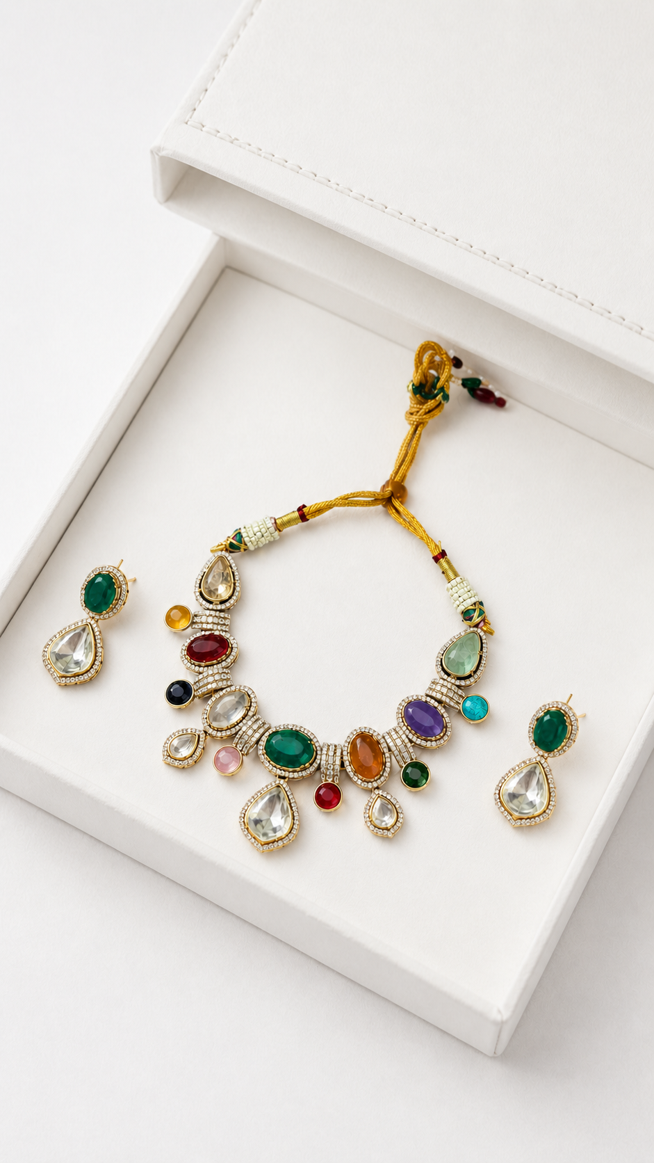 Multicolour Traditional Stone-Studded Necklace Set with Green Centre Stone & Matching Earrings