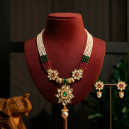 Royal Traditional White Bead Necklace Set with Green & Magenta Beads and Matching Earrings