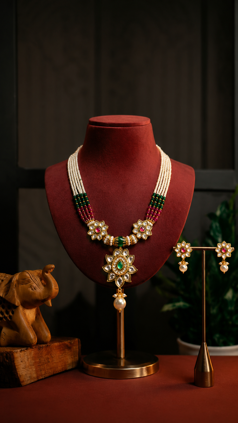 Royal Traditional White Bead Necklace Set with Green & Magenta Beads and Matching Earrings