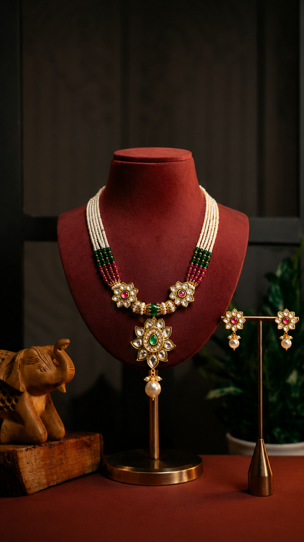 Royal Traditional White Bead Necklace Set with Green & Magenta Beads and Matching Earrings