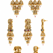 Royal Elephant Traditional Jhumka Earrings with Multicolour Stones & White Bead Drops