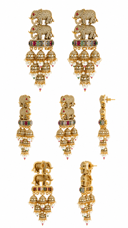 Royal Elephant Traditional Jhumka Earrings with Multicolour Stones & White Bead Drops