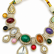 Multicolour Traditional Stone-Studded Necklace Set with Green Centre Stone & Matching Earrings
