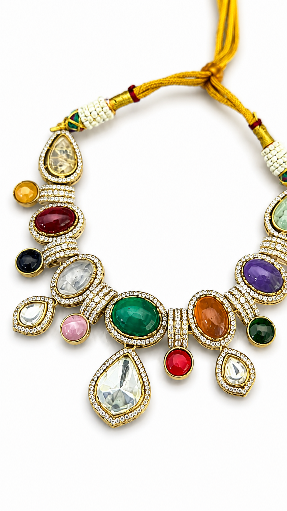 Multicolour Traditional Stone-Studded Necklace Set with Green Centre Stone & Matching Earrings