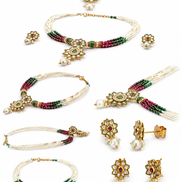 Royal Traditional White Bead Necklace Set with Green & Magenta Beads and Matching Earrings