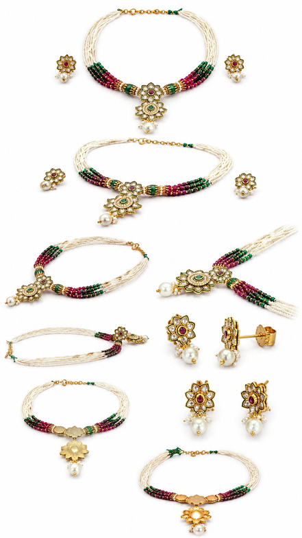 Royal Traditional White Bead Necklace Set with Green & Magenta Beads and Matching Earrings