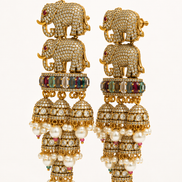Royal Elephant Traditional Jhumka Earrings with Multicolour Stones & White Bead Drops